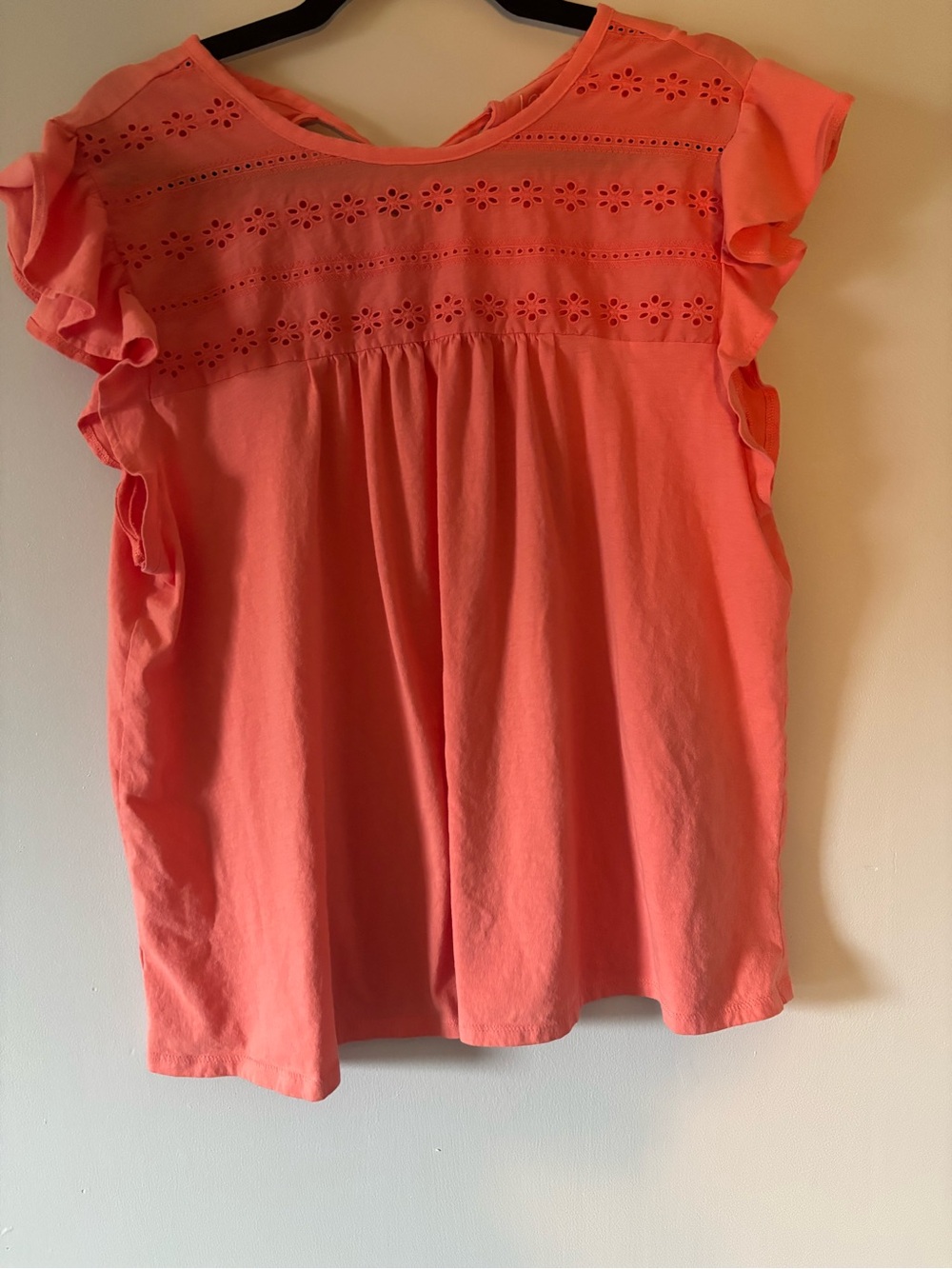 LOFT Women's Coral Ruffle Sleeve Eyelet Top- tie back